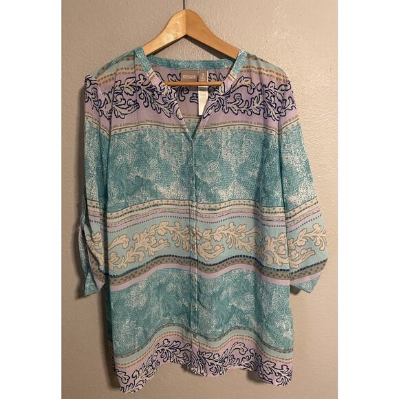 Chicos Womens Tunic Size 3 US XL Mixed Media Satin Button Up Sheer Modern Artsy - Picture 1 of 9
